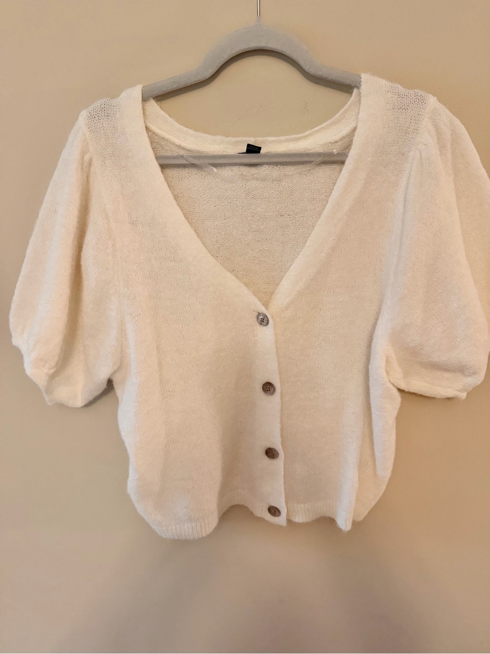 Wild Fable Women's Puff Short Sleeve V-Neck Cream Cardigan, featuring a soft kn